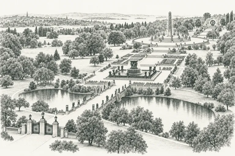 Tegning av Frognerparken med porten, broen, fontenen og Monolitten
